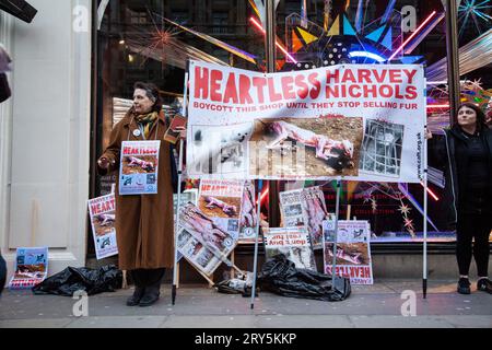 Protesta anti-pelliccia per i diritti degli animali davanti ad Harvey Nichols Londra 30 novembre 2013 - due signore che detengono un enorme cartello per i diritti degli animali Foto Stock