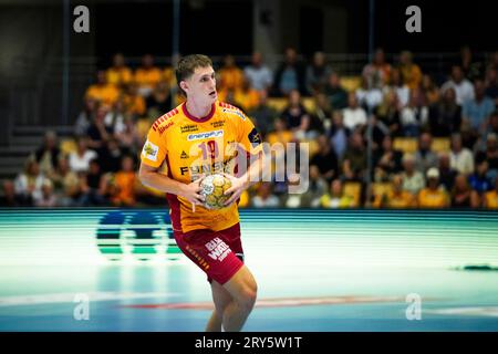 Odense, Danimarca. 28 settembre 2023. Oskar Vind (19) di GOG visto nel match della EHF Champions League tra GOG e Telekom Veszprem alla Jyske Bank Arena di Odense. (Foto: Gonzales Photo/Alamy Live News Foto Stock