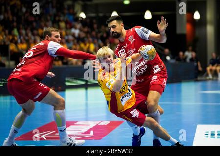 Odense, Danimarca. 28 settembre 2023. Hjalte Lykke (29) di GOG visto nel match di EHF Champions League tra GOG e Telekom Veszprem alla Jyske Bank Arena di Odense. (Foto: Gonzales Photo/Alamy Live News Foto Stock