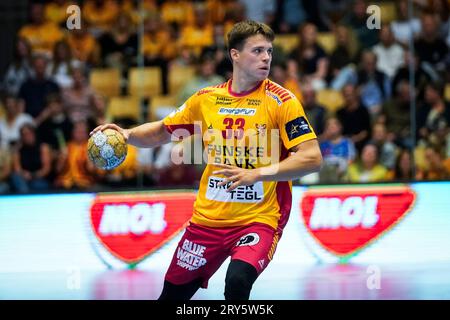 Odense, Danimarca. 28 settembre 2023. Aaron Mensing (33) di GOG visto nel match della EHF Champions League tra GOG e Telekom Veszprem alla Jyske Bank Arena di Odense. (Foto: Gonzales Photo/Alamy Live News Foto Stock