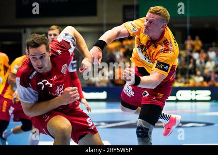 Odense, Danimarca. 28 settembre 2023. Henrik Jakobsen (9) del GOG visto nel match della EHF Champions League tra GOG e Telekom Veszprem alla Jyske Bank Arena di Odense. (Foto: Gonzales Photo/Alamy Live News Foto Stock