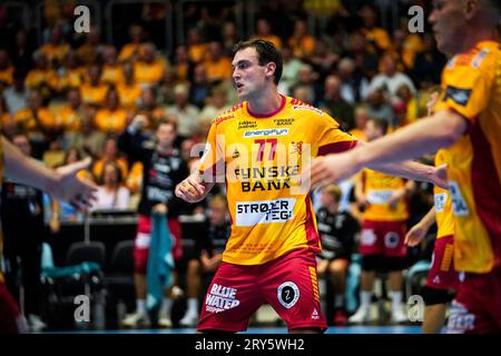 Odense, Danimarca. 28 settembre 2023. Frederik Clausen (77) di GOG visto nel match di EHF Champions League tra GOG e Telekom Veszprem alla Jyske Bank Arena di Odense. (Foto: Gonzales Photo/Alamy Live News Foto Stock