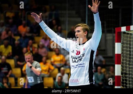 Odense, Danimarca. 28 settembre 2023. Tobias Thulin (16) di GOG visto nel match della EHF Champions League tra GOG e Telekom Veszprem alla Jyske Bank Arena di Odense. (Foto: Gonzales Photo/Alamy Live News Foto Stock