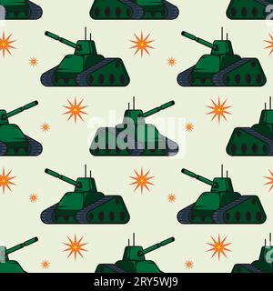 Modello senza cuciture con serbatoio cingolato a torretta militare con colore verde e canna lunga. Ornamento per decorazione e stampa su tessuto e carta da imballaggio. D Illustrazione Vettoriale