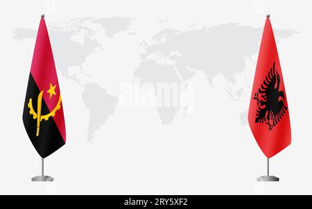 Bandiere dell'Angola e dell'Albania per incontri ufficiali sullo sfondo della mappa mondiale. Illustrazione Vettoriale