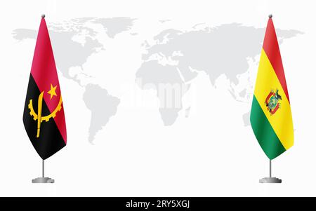 Angola e Bolivia bandiere per un incontro ufficiale sullo sfondo della mappa mondiale. Illustrazione Vettoriale