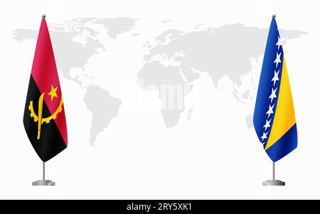 Angola e Bosnia-Erzegovina bandiere per un incontro ufficiale sullo sfondo della mappa mondiale. Illustrazione Vettoriale