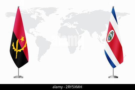 Angola e Costa Rica bandiere per un incontro ufficiale sullo sfondo della mappa mondiale. Illustrazione Vettoriale