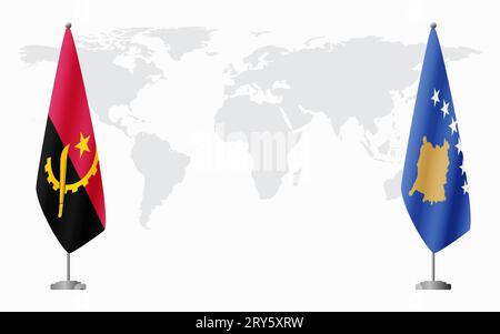 Bandiere dell'Angola e del Kosovo per un incontro ufficiale sullo sfondo della mappa mondiale. Illustrazione Vettoriale