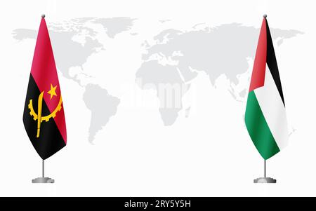 Bandiere dell'Angola e della Palestina per un incontro ufficiale sullo sfondo della mappa mondiale. Illustrazione Vettoriale