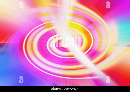 cattura l'essenza dell'arte e della tecnologia attraverso lo sfondo colorato con movimento radiale sfumato e sfumato e l'allure in rosso, arancione, verde, viola e blu Foto Stock