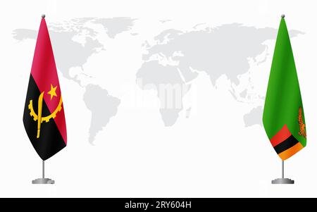 Angola e Zambia bandiere per un incontro ufficiale sullo sfondo della mappa mondiale. Illustrazione Vettoriale