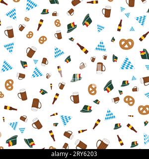 Motivo senza cuciture dell'oktoberfest Vector con elementi bavaresi: Cappello tirolese, bottiglie di birra, bicchiere di birra, bandiera, pretzel. Deutsch festival della birra. Illustrazione Vettoriale