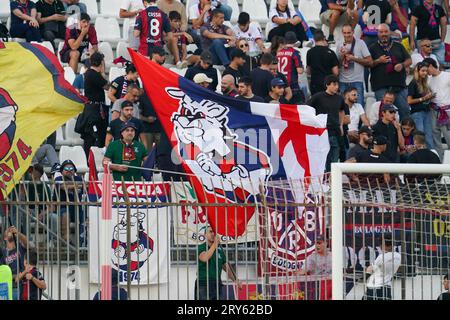 Monza, Italia. 28 settembre 2023. Tifosi del Bologna FC 1909, durante AC Monza V FC Bologna, serie A, allo stadio U-Power. Crediti: Alessio Morgese/Alessio Morgese/Emage/Alamy live news Foto Stock