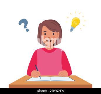 Ragazza felice con il suo portatile che ha una buona idea. Allievo delle scuole elementari. Punto interrogativo e lampadina. Una studentessa ha trovato una soluzione per un incarico. Illustrazione Vettoriale