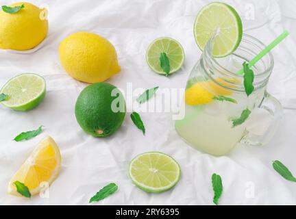 Cocktail estivo fresco a base di agrumi e foglie di menta verde su sfondo bianco. Creativo concetto di lime tropicale e limone. Idea minimale di limonata. Foto Stock