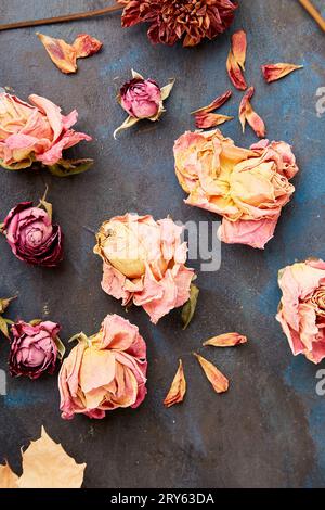 Motivi estetici autunnali. Rose secche e foglie d'acero su sfondo rustico. Zero rifiuti, decorazioni organiche. Foto Stock