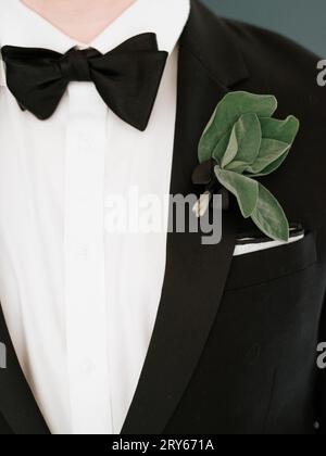 Primo piano del tuxedo nero di un uomo con un boutonniere di foglie di salvia Foto Stock