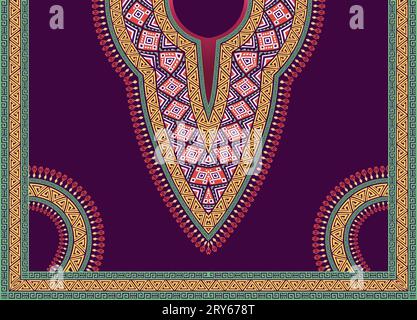 Colorato e intricato design geometrico a ripetizione del collo per la camicia African dashiki Illustrazione Vettoriale