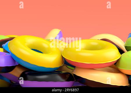 Pila di anelli gonfiabili per piscina isolata su sfondo rosa. rappresentazione 3d del concetto e delle vacanze estive Foto Stock