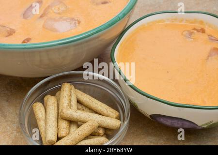 Un primo piano di un delizioso gazpacho fatto in casa accompagnato da grissini di grano intero. Foto Stock