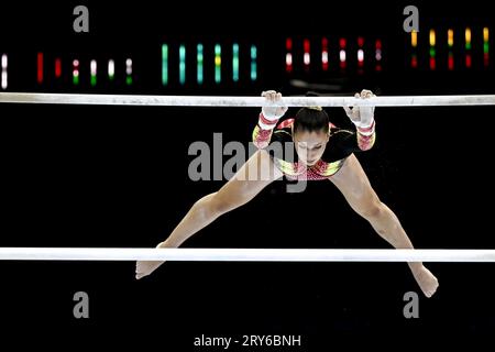 Anversa, Belgio. 29 settembre 2023. Fien Enghels belga raffigurato in azione durante una sessione di allenamento davanti ai Campionati del mondo di ginnastica Artistica, ad Anversa, venerdì 29 settembre 2023. I Mondi si svolgono ad Anversa dal 30 settembre all'8 ottobre. BELGA PHOTO DIRK WAEM Credit: Belga News Agency/Alamy Live News Foto Stock