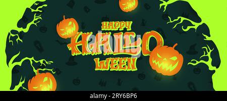 Felice Halloween verde sfondo striscione orizzontale con zucche luminose illustrazione vettoriale. Illustrazione Vettoriale