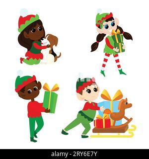 Prepara gli elfi di Natale. Ragazzi e ragazze multiculturali in costumi tradizionali degli elfi. Gli aiutanti di Babbo Natale sono felici. Ballano, sorridono, portano regali. Illustrazione Vettoriale