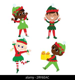 Prepara gli elfi di Natale. Collezione natalizia multiculturale per ragazzi e ragazze in costumi tradizionali degli elfi. Ballano, sorridono, portano regali. Illustrazione Vettoriale