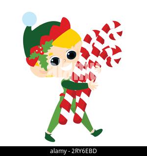 Un piccolo elfo felice sta portando uomini di Natale nelle sue mani. Il ragazzo è vestito con un tradizionale vestito rosso e verde. Illustrazione in stile cartone animato. Illustrazione Vettoriale