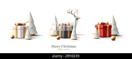 Collezione vettoriale decorazioni natalizie. Set di statuette realistiche in oro bianco 3d per il design natalizio isolate su sfondo bianco. Christm Illustrazione Vettoriale