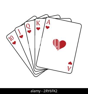 Carte da gioco - una mano di poker composta da un cuori di scala reale 10 J Q K A, illustrazione vettoriale isolata su bianco Illustrazione Vettoriale
