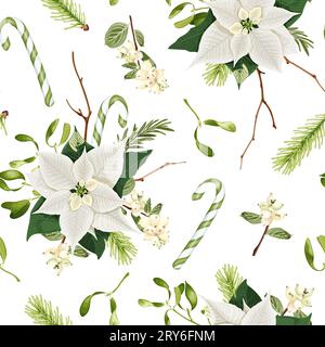 Motivo natalizio senza cuciture con fiori bianchi di poinsettia, rosmarino, bacche di neve, canne di caramelle, rami di abete e vischio. Illustrazione Vettoriale