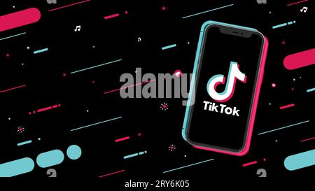Logo Tik Tok sullo schermo del telefono con un motivo moderno composto da strisce colorate su sfondo scuro. Illustrazione vettoriale. Illustrazione Vettoriale