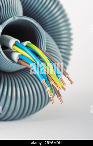 Primo piano del cavo elettrico con tubo protettivo del condotto ondulato Foto Stock