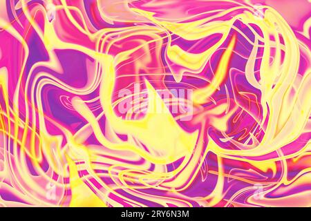 dove il colore incontra la creatività contrasto vibrante la vernice liquida color oro soleggiato spruzza la texture spaziale dell'universo onde trippy di linee e forme colorate casuali Foto Stock