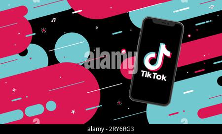 Logo Tik Tok sullo schermo del telefono con un motivo moderno composto da strisce colorate su sfondo scuro. Illustrazione vettoriale. Illustrazione Vettoriale