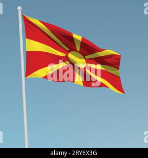 Sventola bandiera del Nord Macedonia sul pennone. Modello per il giorno di indipendenza il design di poster Illustrazione Vettoriale