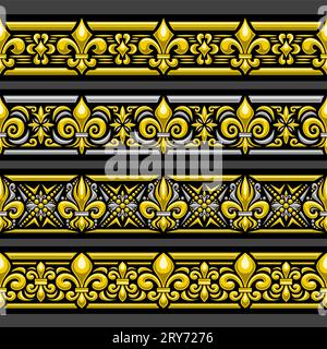 Ornamento Vector Fleur de Lis, bordi senza cuciture con motivi in argento e giallo fleur de lis, bordo ripetuto orizzontale con ornato g Illustrazione Vettoriale