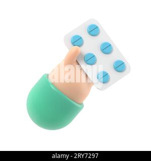 rendering 3d. Icona confezione di pillole. Mano di cartone animato medico o farmacista con pelle nera contenente farmaci. Illustrazione per il settore medicale. Clip farmaceutica a Foto Stock