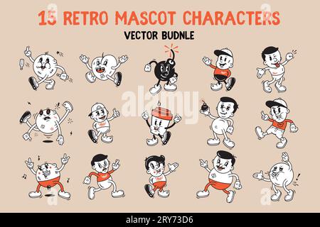 Mascotte d'epoca divertenti personaggi di cartoni animati adesivi retrò personaggi in stile fumetto anni '60 anni '70 anni '80 personaggi mascotte retro d'epoca Charac dall'aspetto divertente Illustrazione Vettoriale