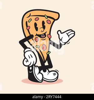 Pizza Mascotte Cartoon Character Pizza Vintage personaggio Pizza divertente Pizza Cartoon Vintage Cartoon Vintage stile Vector Illustrazione Vettoriale