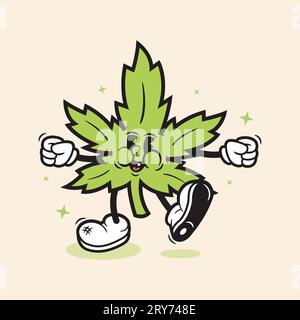 Marijuana retro Vector Cartoon Cartoon Cartoon Cartoon Cartoon Leaf Weed Leaf Cartoon Style Character Illustrazione Vettoriale