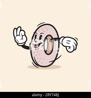 Personaggio di nocciola retro Mascotte Food Cartoon Donut Character Delicious Donuts Bagel Cartoon Illustrazione Vettoriale