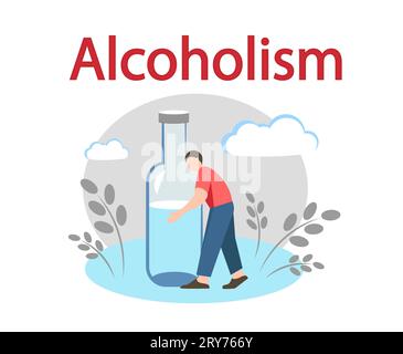 Un uomo e una bottiglia di vodka. Dipendenza da alcol Illustrazione Vettoriale