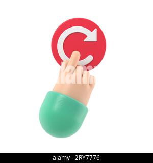 Concetto di riavvio. Riavvio della tecnologia. Mano per premere il grande pulsante rosso. Illustrazione 3d disegno piatto.rendering 3D su sfondo bianco. Foto Stock