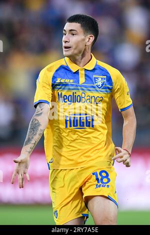 Frosinone, Italia. 28 settembre 2023. Matias Soule' di Frosinone calcio gestisce durante il match di serie A Tim tra Frosinone calcio e ACF Fiorentina allo Stadio Benito stirpe il 28 settembre 2023 a Frosinone, Italia. Crediti: Giuseppe Maffia/Alamy Live News Foto Stock