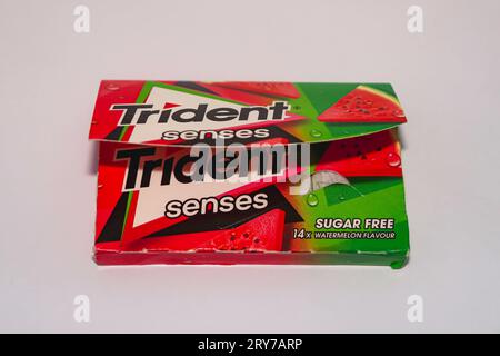 Trident Senses, senza zucchero, confezione di gomme da masticare aromatizzate all'anguria isolata su sfondo bianco Foto Stock