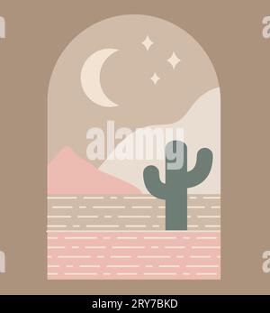 Cactus boho con logo boho dallo stile minimal. Paesaggi, modelli di logo con cactus in colore boho, design astratto geometrico per la decorazione. Illustrazione Vettoriale