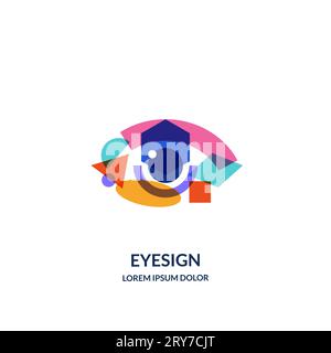 Modello di design con logo multicolore Eye Vision o emblema. Astrarre gli occhi umani da figure geometriche colorate illustrazione vettoriale. Concetto per oftalmico Illustrazione Vettoriale